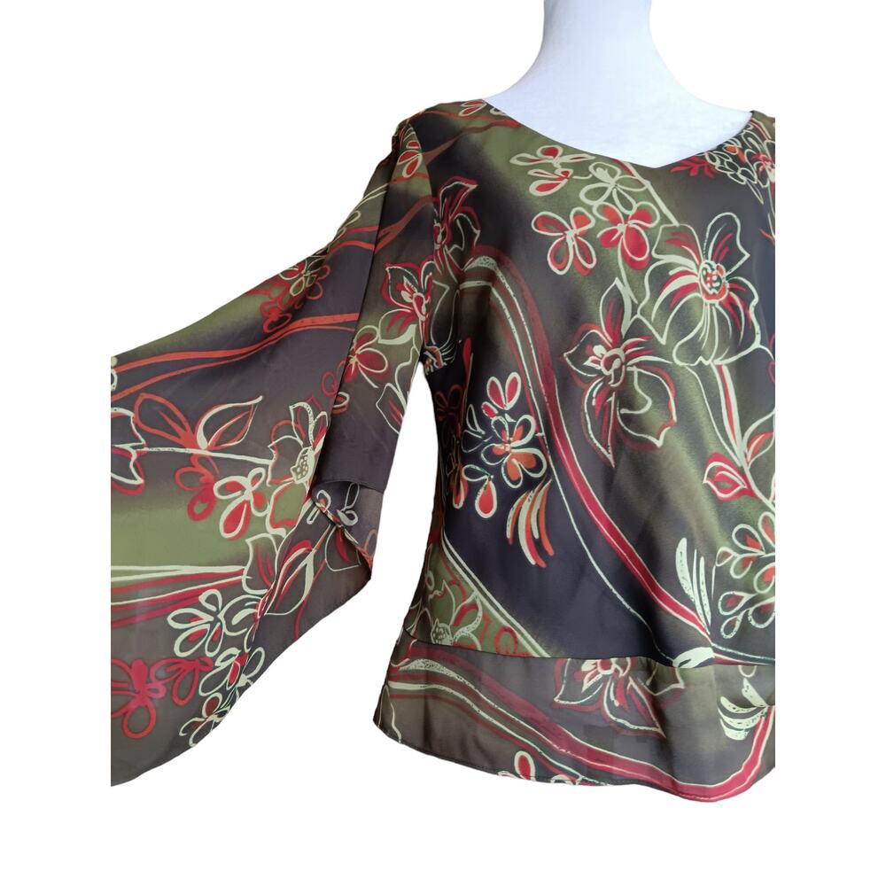 VINTAGE 90s Y2K Boho Blouse Top 14W Artsy Floral Green Brown Orange V-Neck